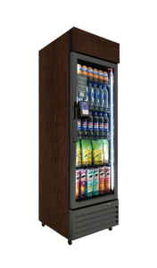 Glass-front beverage cooler stocked with assorted drinks