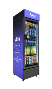 Blue AiVend refrigerated vending machine stocked with beverages