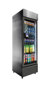 Glass-door beverage cooler stocked with drinks