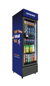 Custom-wrapped refrigerated beverage vending cooler