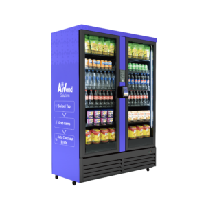 Blue vending refrigerator stocked with drinks and snacks