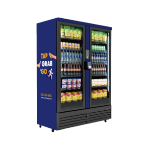 Blue tap-and-go snack and drink vending machine
