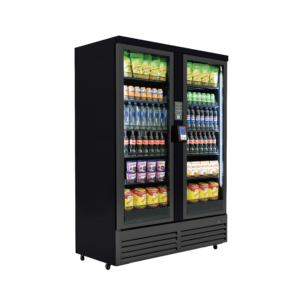 Glass-door refrigerated vending cooler with drinks