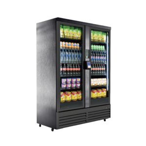 Glass-door refrigerated cooler stocked with drinks, snacks