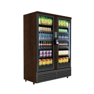 Wood-paneled refrigerated vending machine stocked with beverages