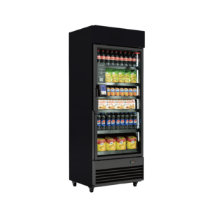 Black glass-door refrigerator stocked with drinks