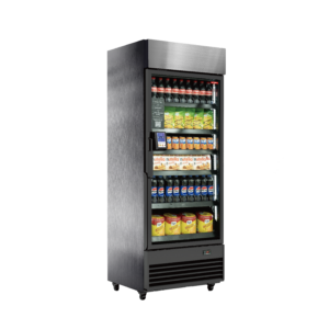Commercial glass-door refrigerator stocked with drinks