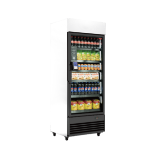 Glass-front display refrigerator stocked with drinks