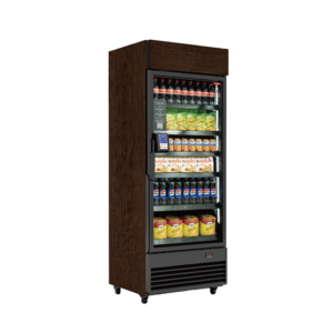 Glass-front refrigerator with drinks and snacks