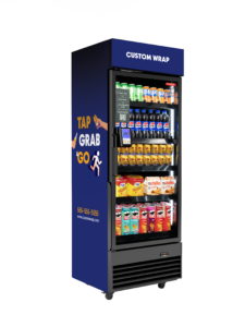 Custom-wrapped refrigerated display case with drinks
