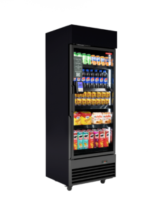 Glass-front beverage refrigerator stocked with assorted drinks