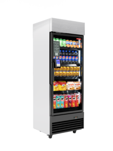 Glass-door refrigerated display stocked with beverages