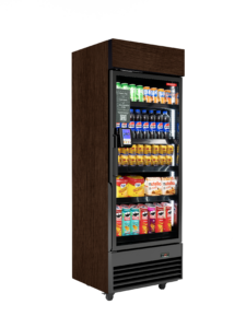 Refrigerated glass-door cooler filled with beverages