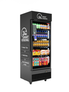 24-hour smart refrigerated vending machine with drinks