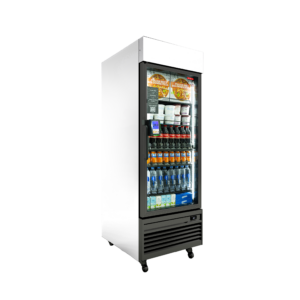 Glass-front beverage cooler stocked with drinks