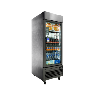 Commercial glass-door refrigerator filled with beverages