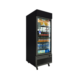 Lighted glass-door beverage cooler stocked with drinks