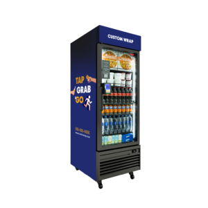 Blue custom wrapped refrigerated vending machine
