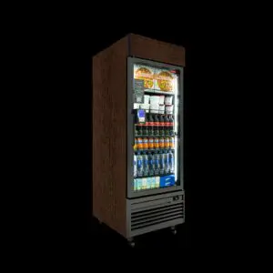 Upright glass-door beverage cooler with drinks