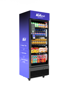 Glass-front refrigerated vending machine stocked with drinks