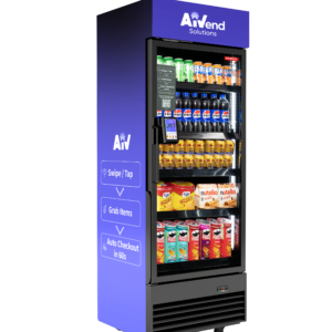 Glass-front refrigerated vending machine stocked with drinks