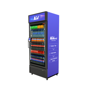Purple-branded glass-front beverage vending machine