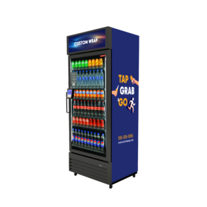 Glass-front beverage cooler with colorful drinks