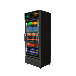 Glass-front beverage cooler stocked with assorted sodas