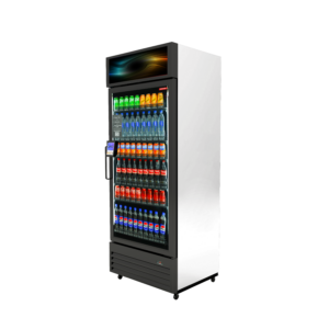 Glass-front beverage refrigerator stocked with sodas