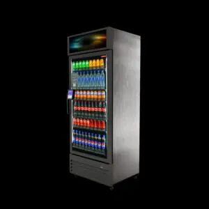 Glass-front beverage cooler stocked with colorful drinks
