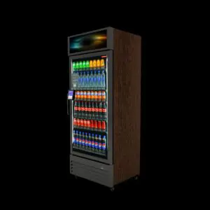 Glass front beverage cooler stocked with sodas