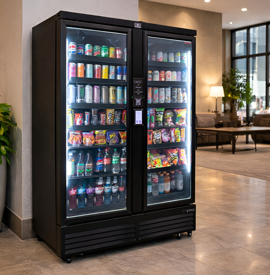 Refrigerated vending cooler stocked with snacks and drinks