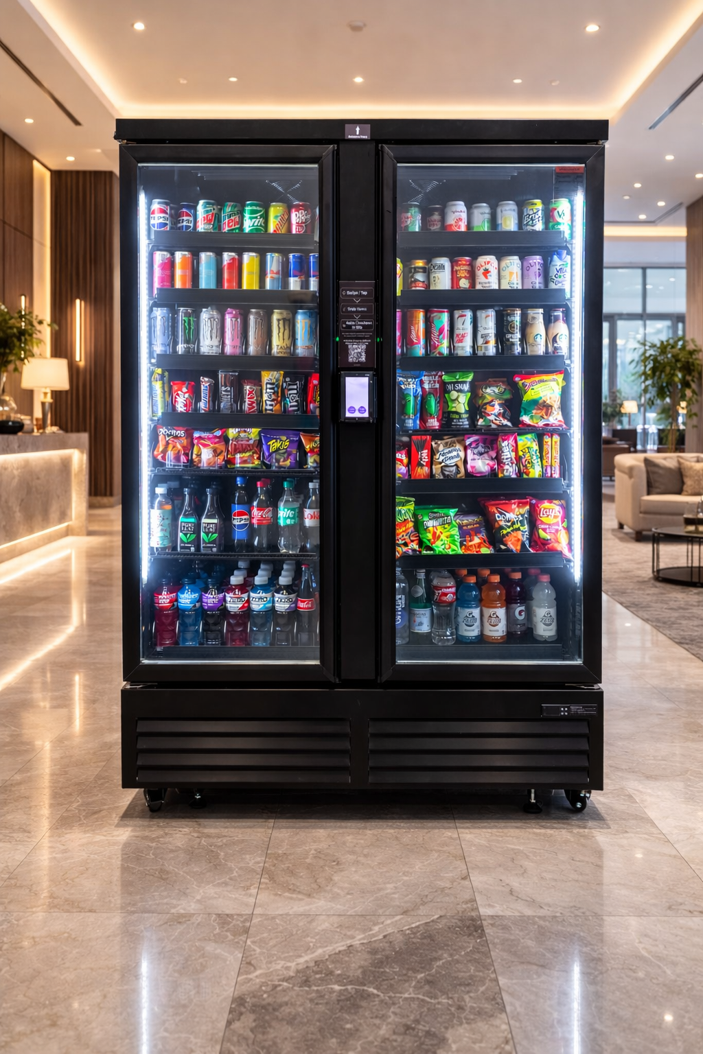Lobby vending fridge stocked with drinks and snacks