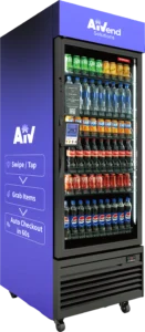 Blue AiVend refrigerated vending machine stocked drinks