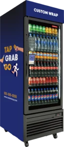 Glass-front refrigerated vending machine stocked with drinks