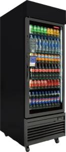 Glass door beverage cooler stocked with sodas