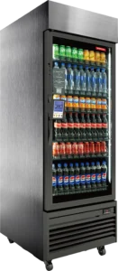 Glass-front beverage cooler stocked with sodas