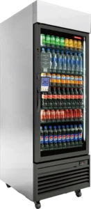 Glass-front beverage refrigerator stocked with assorted sodas