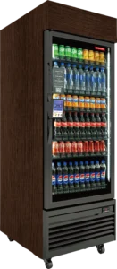 Glass door beverage cooler stocked with sodas