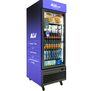 Smart refrigerated vending machine stocked with drinks
