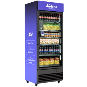 Smart refrigerated vending machine stocked with drinks