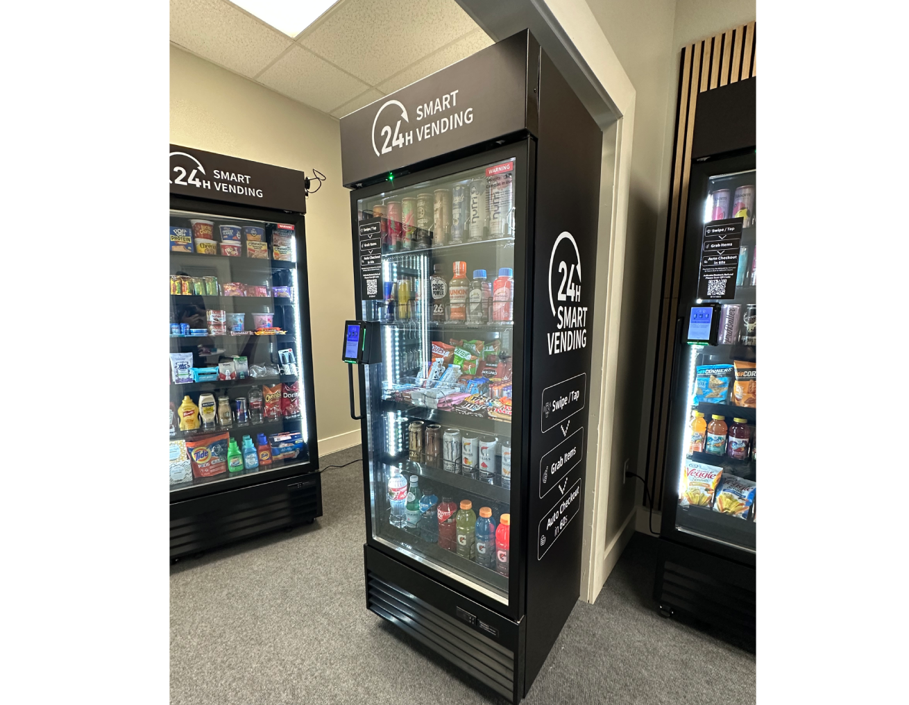 Glass front smart vending machine stocked with beverages